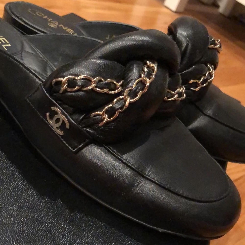 Chanel CC Chain Link Mules Shoes Leather 36
